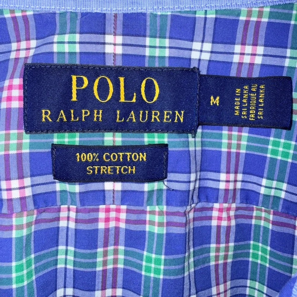 Polo Ralph Lauren Mens Medium Blue Green Pink Plaid‎ Cotton Stretch Shirt M